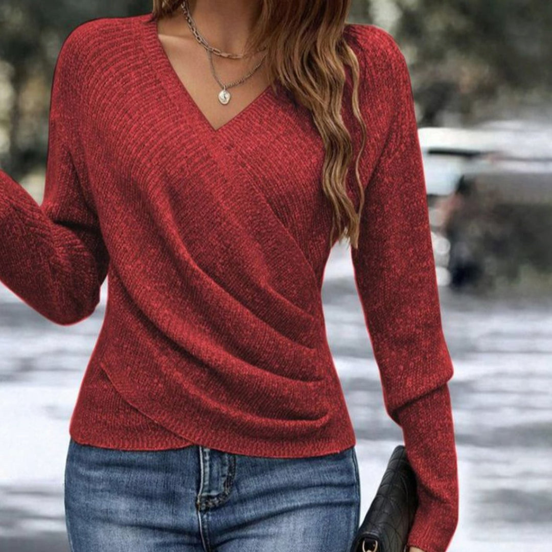 Dames V-Hals Trui met Wikkeldetail Lange Mouwen - Rood