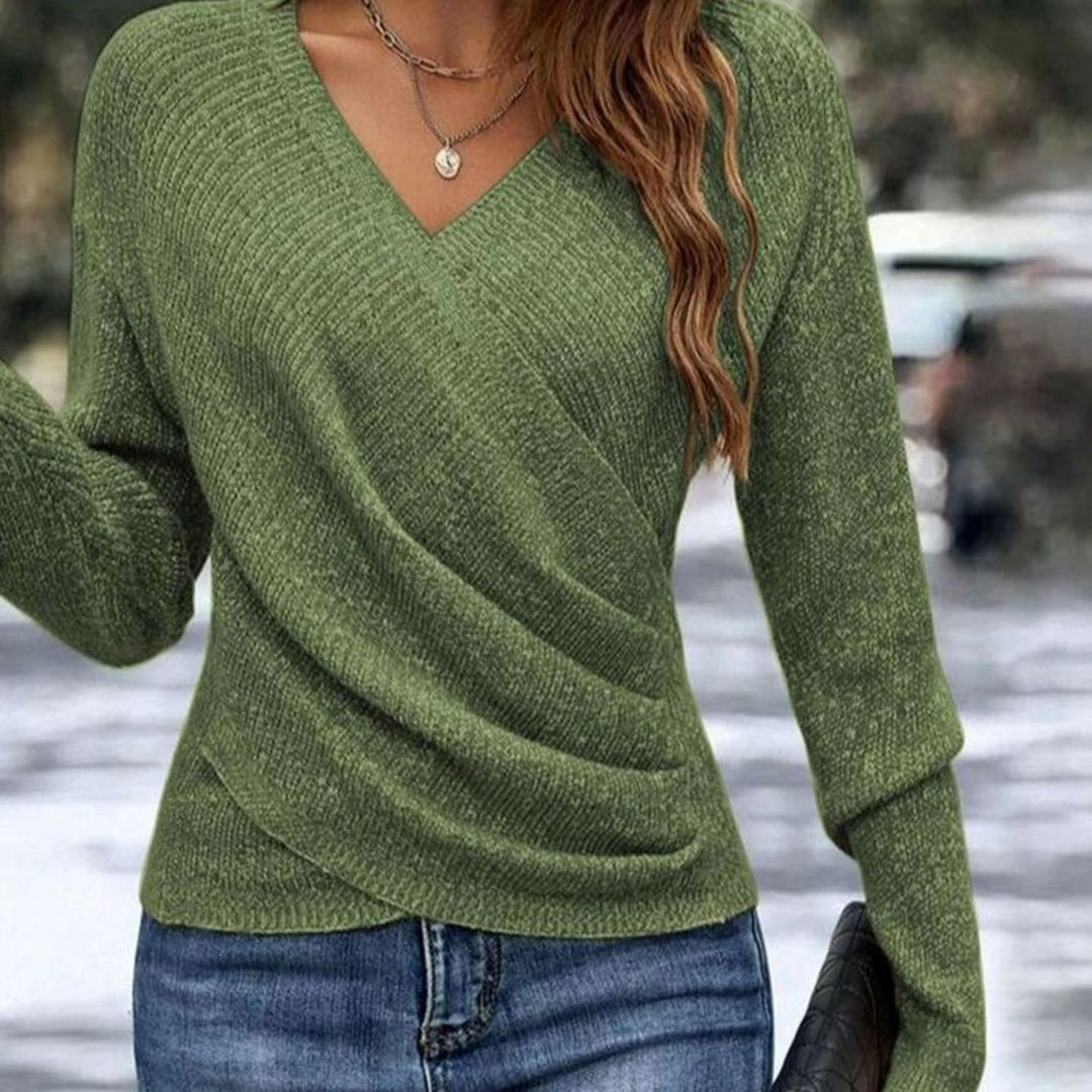 Dames V-Hals Trui met Wikkeldetail Lange Mouwen - Groen