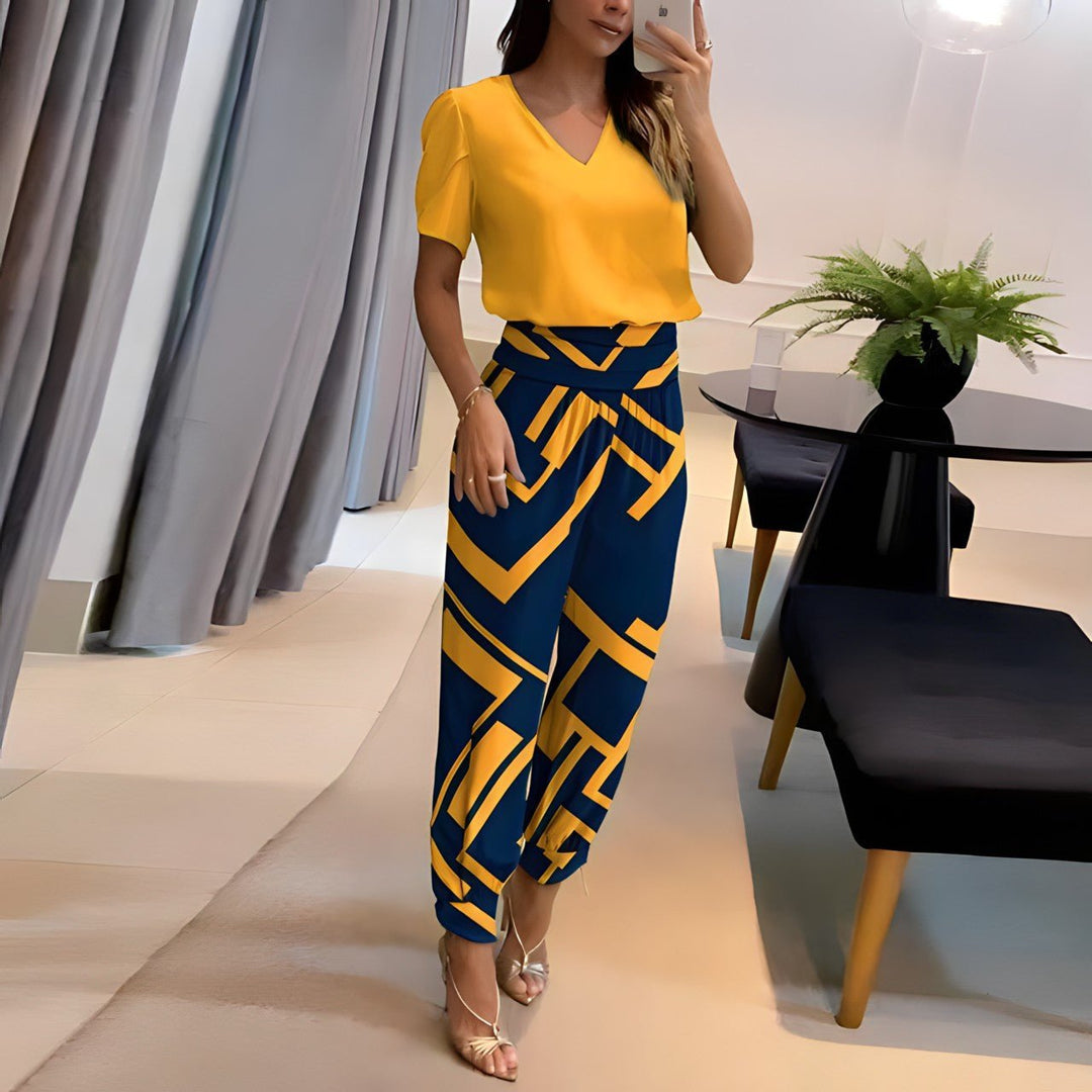 Dames V-hals Wide-leg Two-piece Set - Yellow