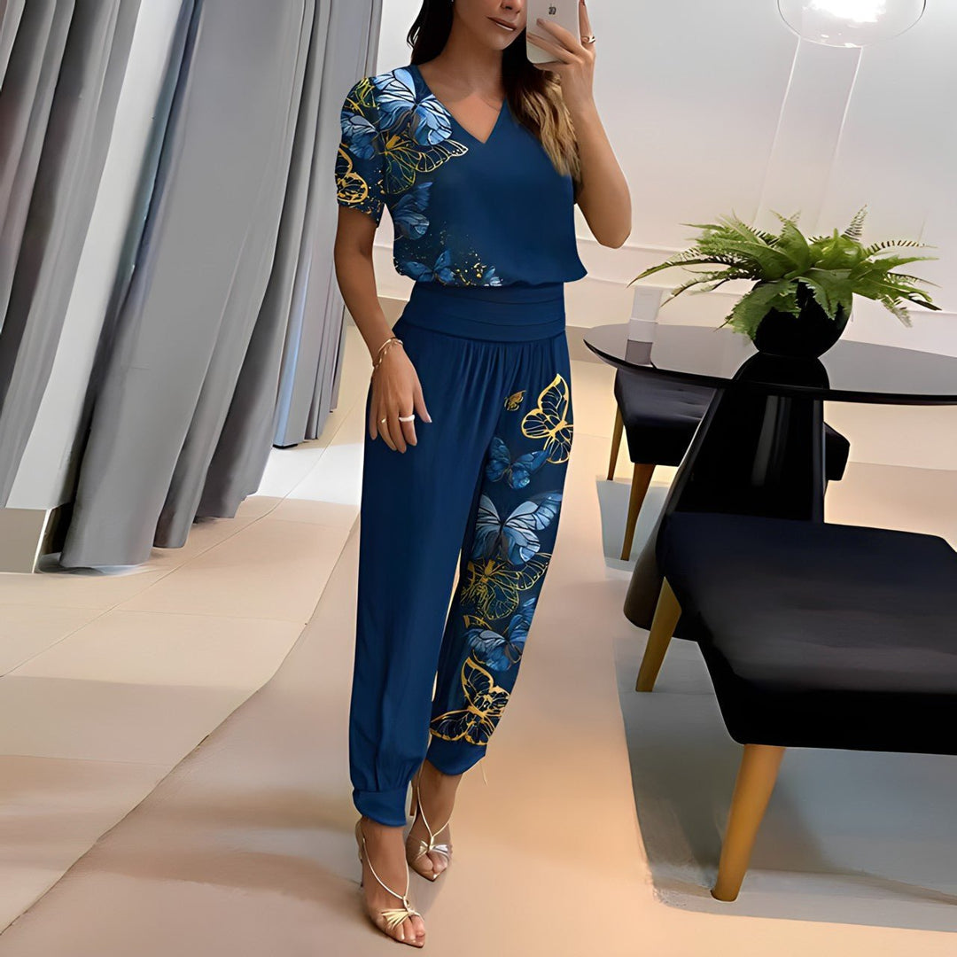 Dames V-hals Wide-leg Two-piece Set - Blue