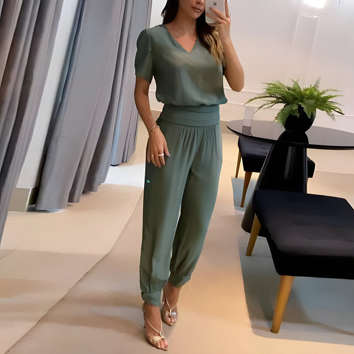 Dames V-hals Wide-leg Two-piece Set - Olive Green