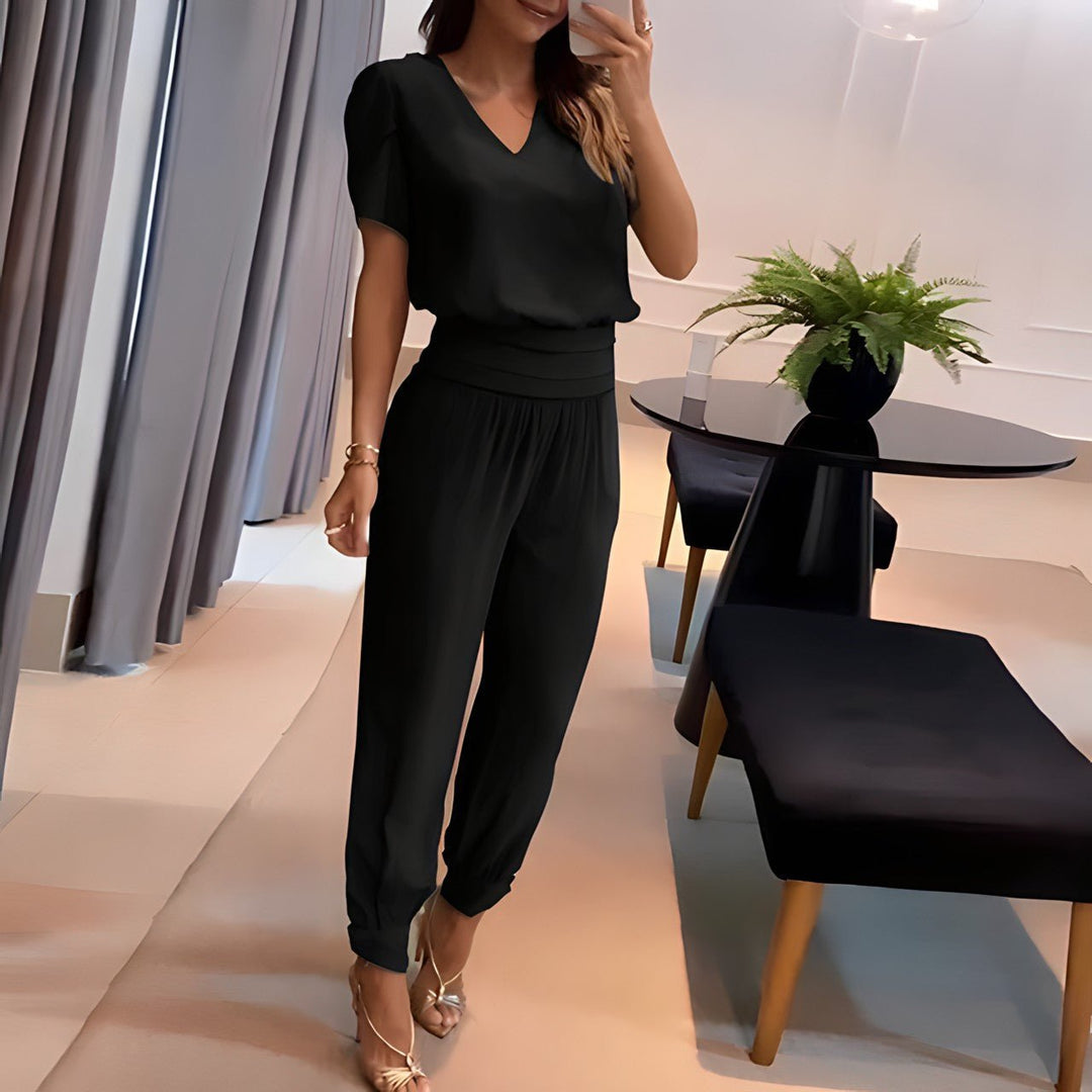 Dames V-hals Wide-leg Two-piece Set - Black