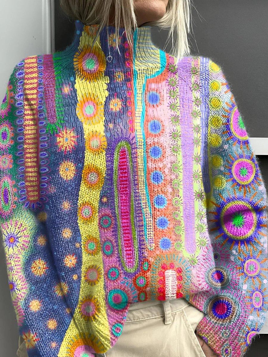 Dames Veelkleurige Abstracte Gebreide Turtleneck Sweater