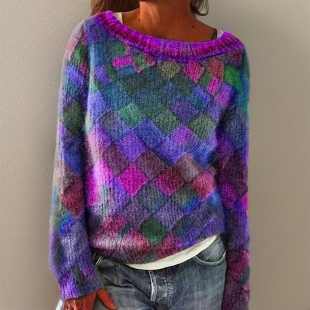 Dames Veelkleurige Ruitmotief Knit Sweater Losse Pasvorm - Lila