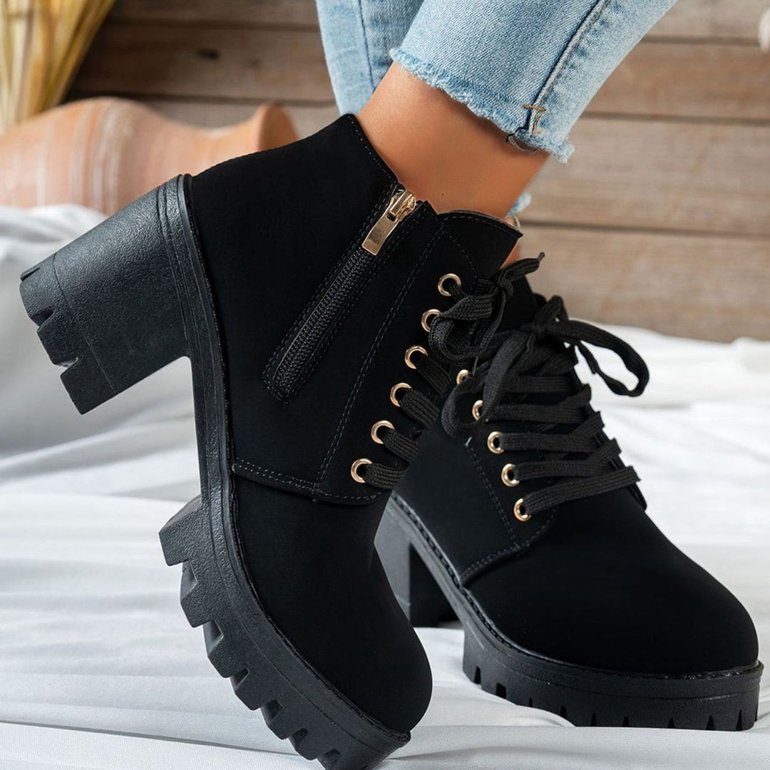 Dames Veterboot Blockahak Suède-look Gouden Hartsgesp Ankle Boots