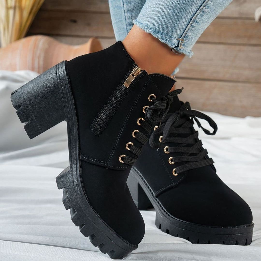 Dames Veterboot Blockahak Suède-look Gouden Hartsgesp Ankle Boots