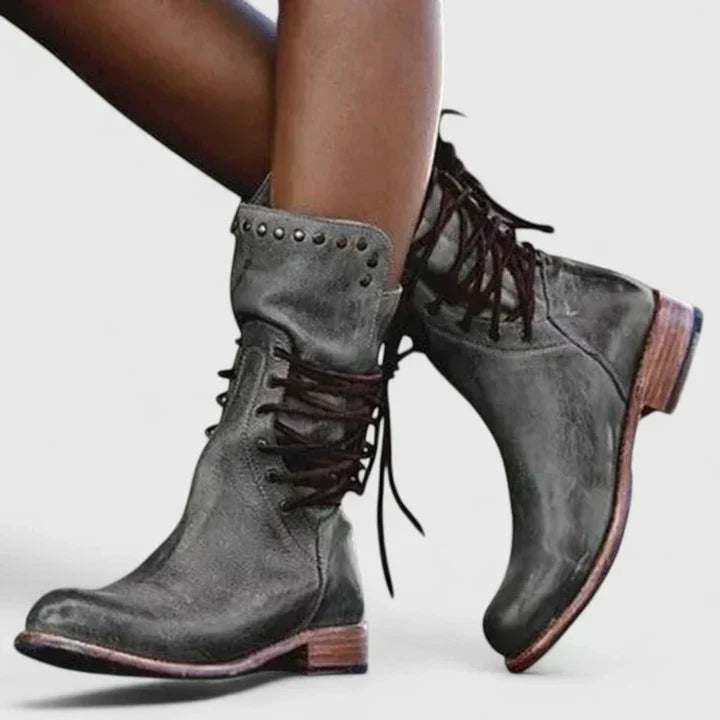 Dames Veterboots Enkelhoge Leren Knee High Boots Vintage - Grijs