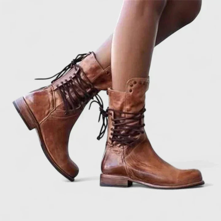 Dames Veterboots Enkelhoge Leren Knee High Boots Vintage - Bruin