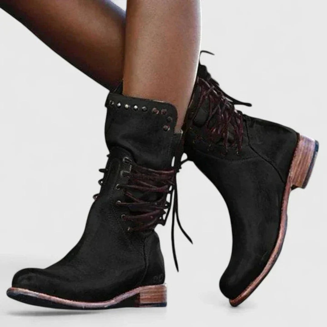 Dames Veterboots Enkelhoge Leren Knee High Boots Vintage - Zwart