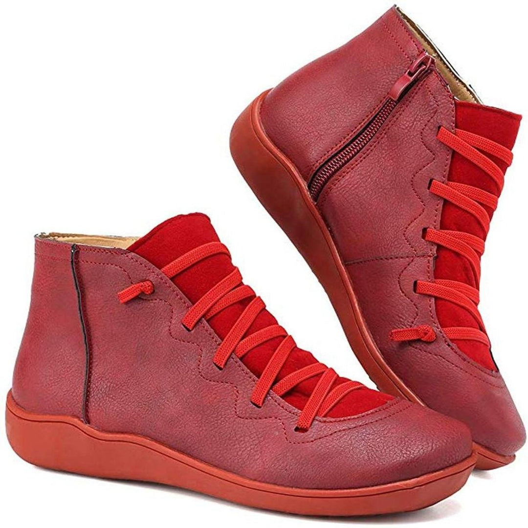 Dames Veterschoenen Platte Zool Comfortabele Leren Ankle Boots - Rood