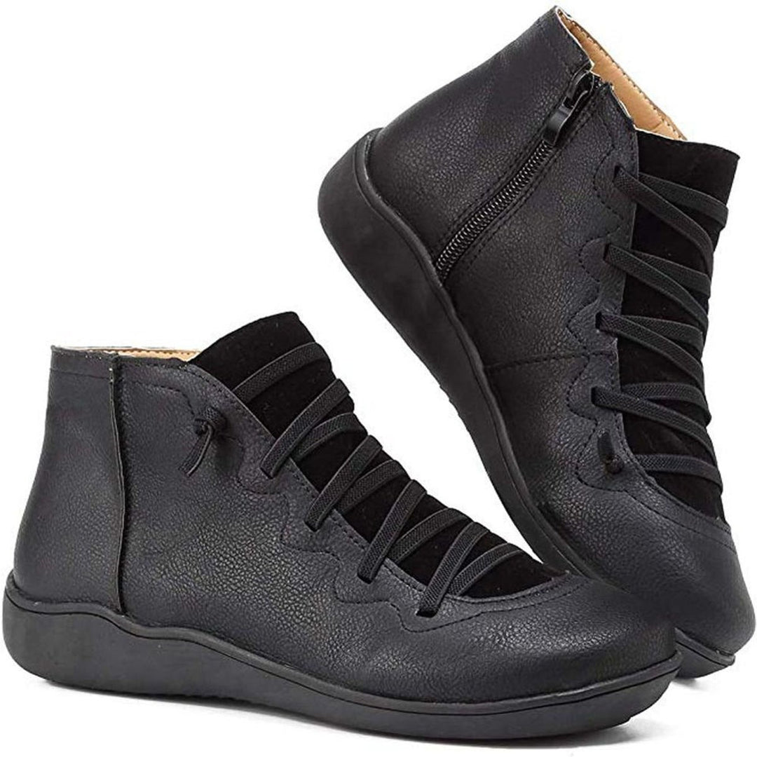 Dames Veterschoenen Platte Zool Comfortabele Leren Ankle Boots - Zwart