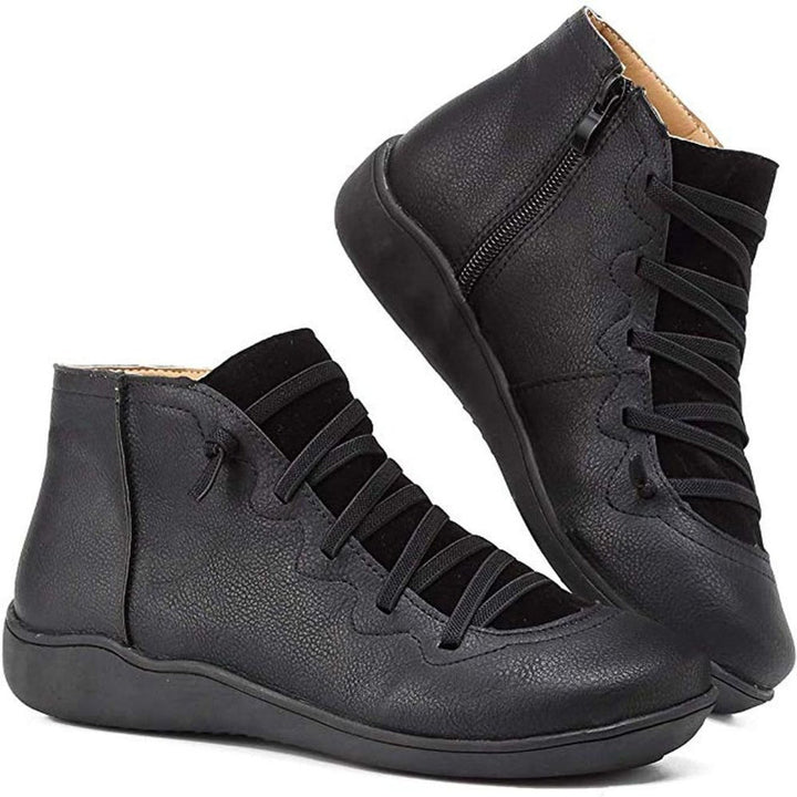 Dames Veterschoenen Platte Zool Comfortabele Leren Ankle Boots - Zwart
