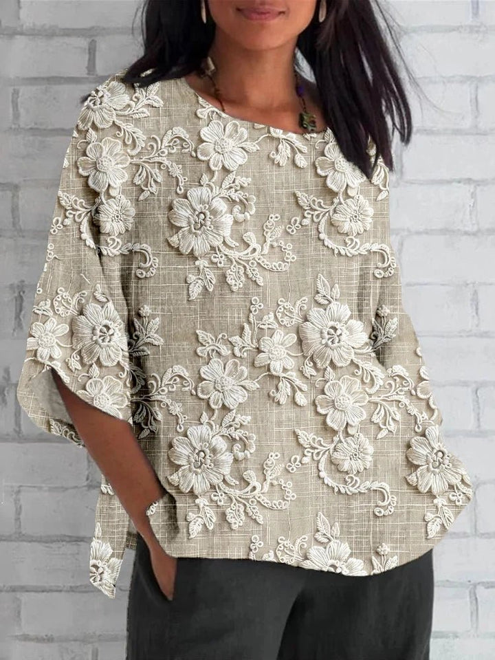 Dames Vintage Bloemen Geborduurd Relaxed Blouse - Khaki