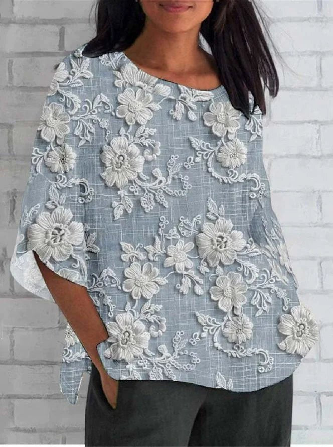 Dames Vintage Bloemen Geborduurd Relaxed Blouse - Blue