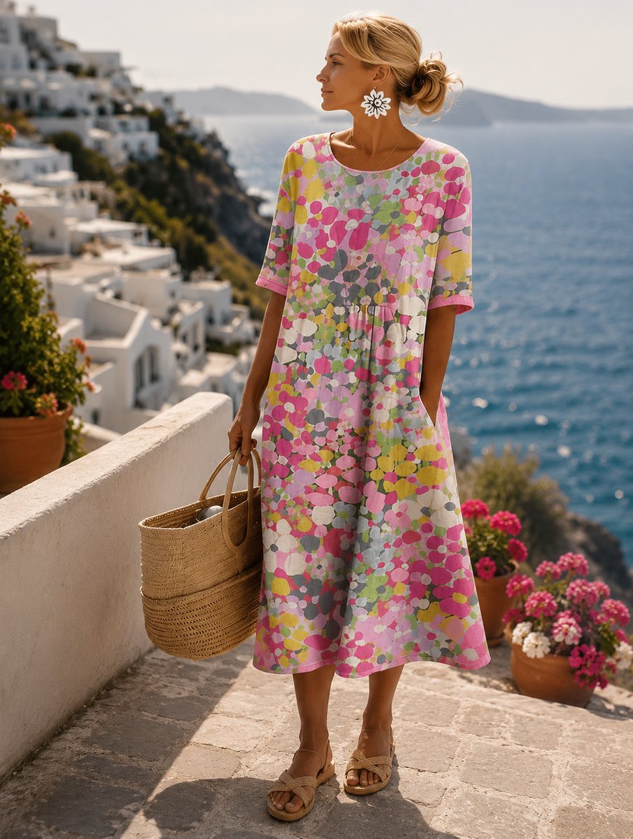 Dames Vintage Bloemenprint A-lijn Midi-jurk - Roze