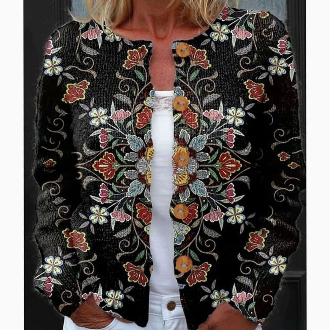 Dames Vintage Botanisch Geprinte Gebreide Cardigan met Knoopsluiting - Zwart