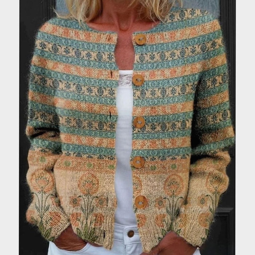 Dames Vintage Botanisch Geprinte Gebreide Cardigan met Knoopsluiting - Groen