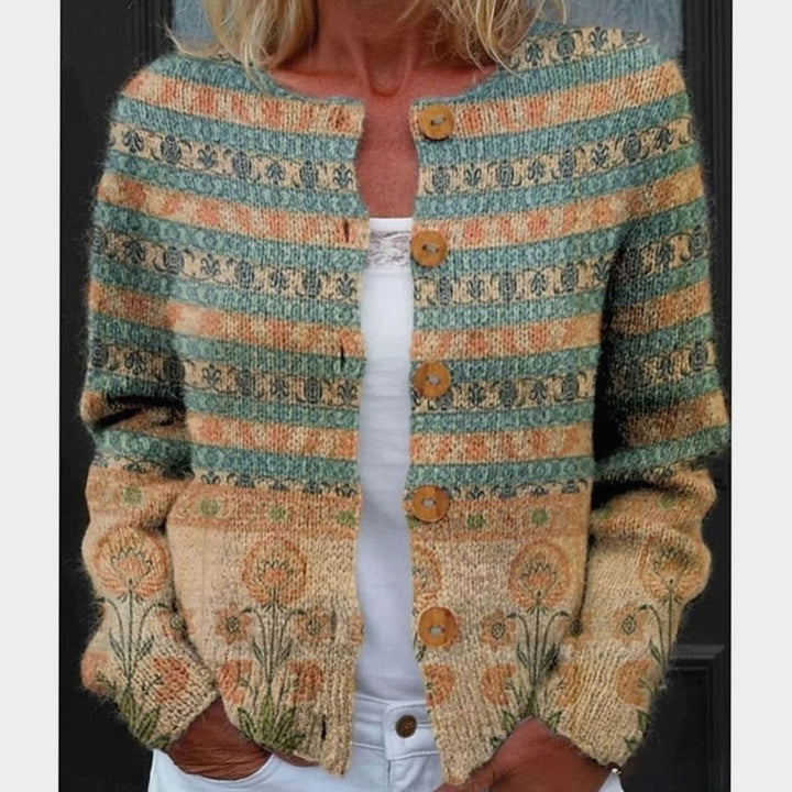 Dames Vintage Botanisch Geprinte Gebreide Cardigan met Knoopsluiting - Groen