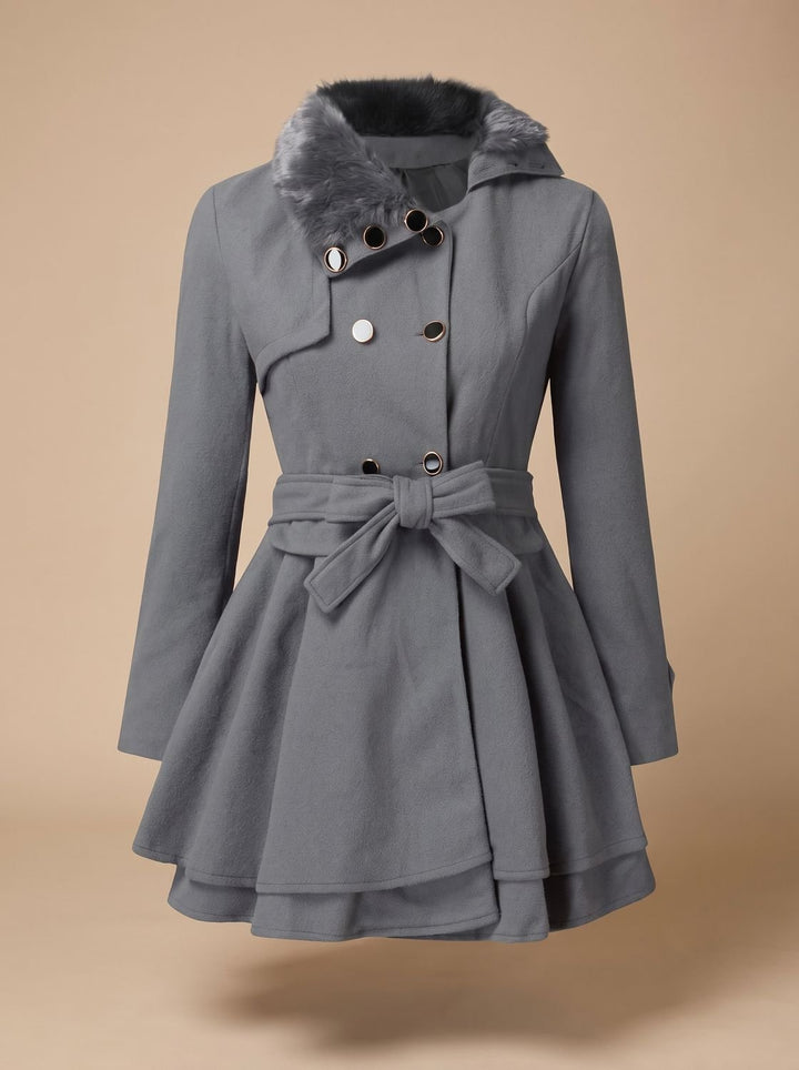 Dames Vintage Dubbelrijige A-lijn Jas Nepbont Kraag Strikceintuur - Grijs