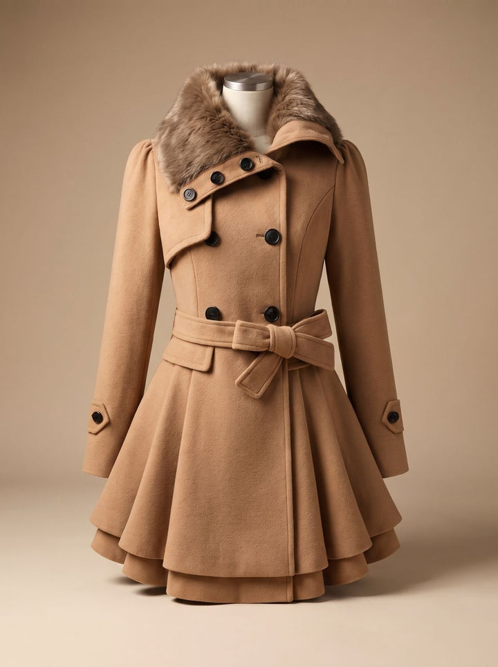 Dames Vintage Dubbelrijige A-lijn Jas Nepbont Kraag Strikceintuur - Beige