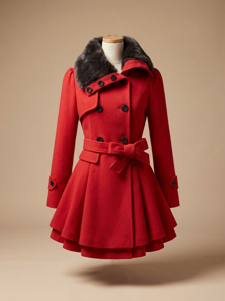 Dames Vintage Dubbelrijige A-lijn Jas Nepbont Kraag Strikceintuur - Rood