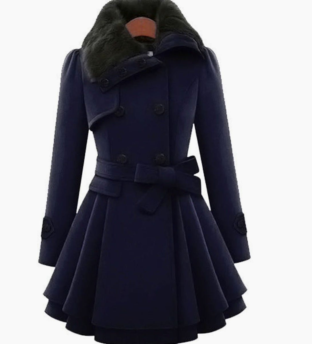 Dames Vintage Dubbelrijige A-lijn Jas Nepbont Kraag Strikceintuur - Donkerblauw