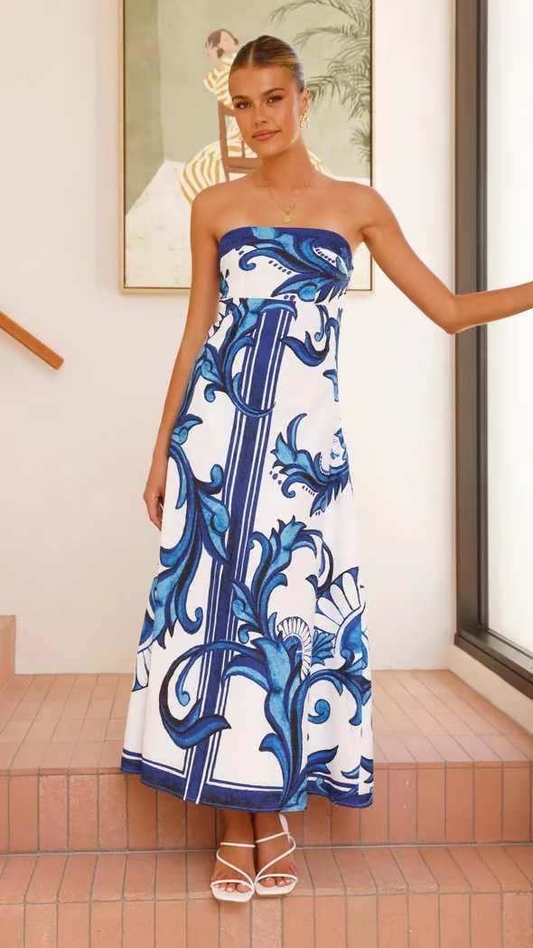 Dames Vintage Geprinte Strapless Maxi-jurk - Blue