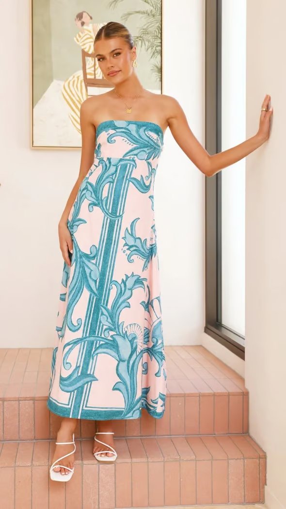 Dames Vintage Geprinte Strapless Maxi-jurk - Light Blue