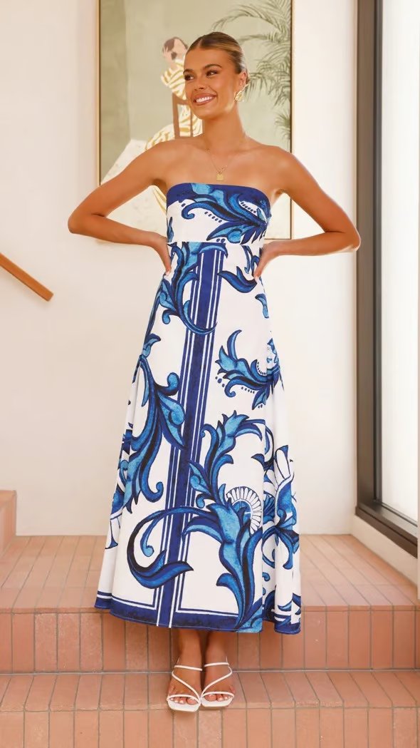 Dames Vintage Geprinte Strapless Maxi-jurk