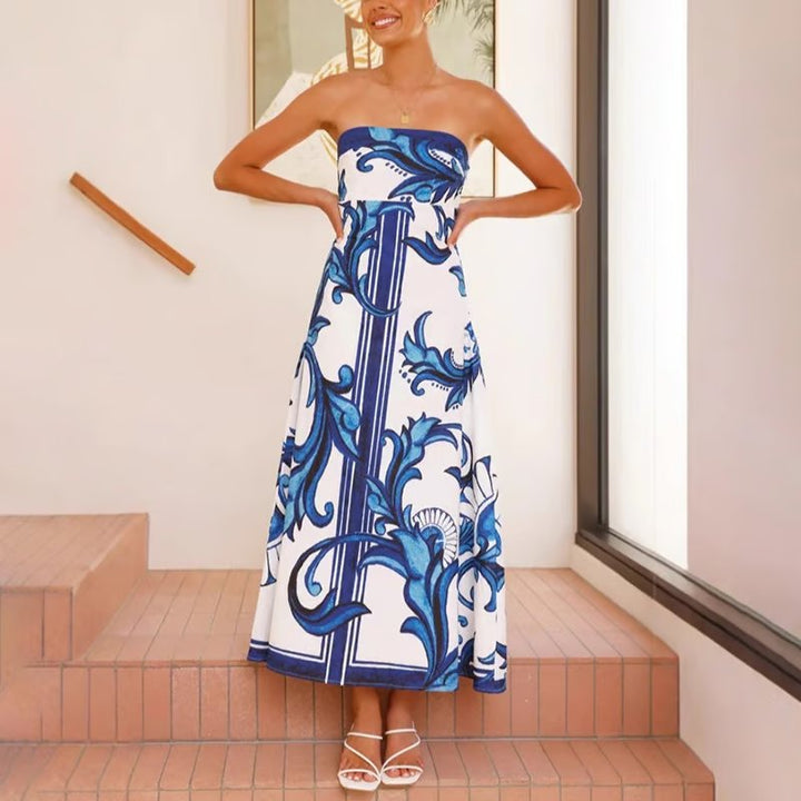 Dames Vintage Geprinte Strapless Maxi-jurk