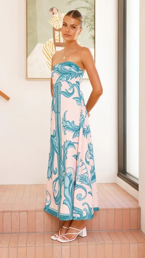 Dames Vintage Geprinte Strapless Maxi-jurk