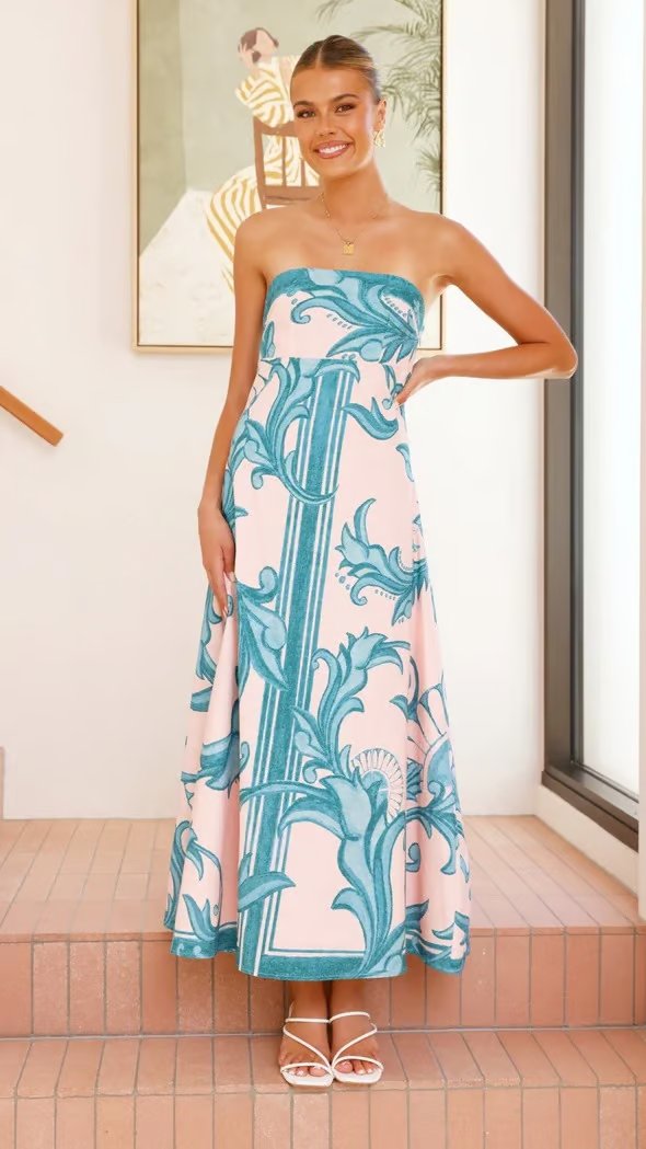 Dames Vintage Geprinte Strapless Maxi-jurk