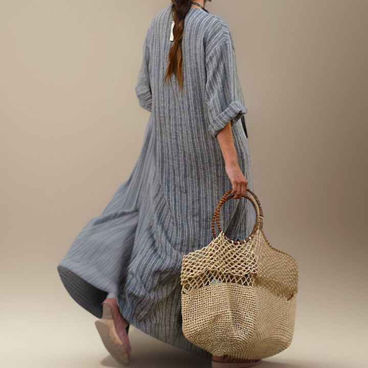 Dames Vintage Gestreepte Maxi-jurk met Lange Mouwen