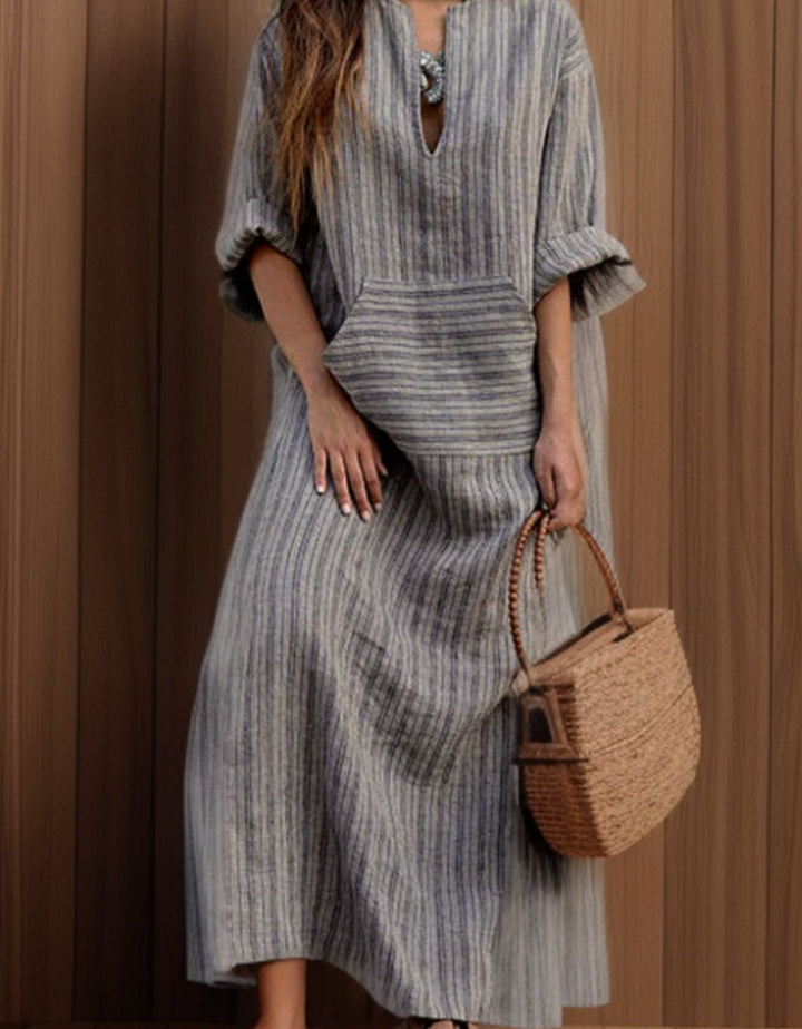 Dames Vintage Gestreepte Maxi-jurk met Lange Mouwen - Grijs