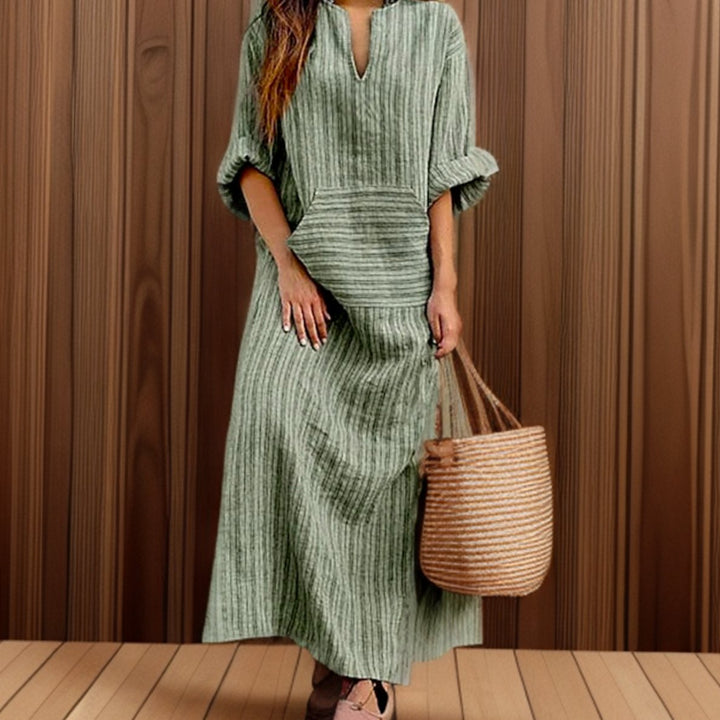 Dames Vintage Gestreepte Maxi-jurk met Lange Mouwen - Groen
