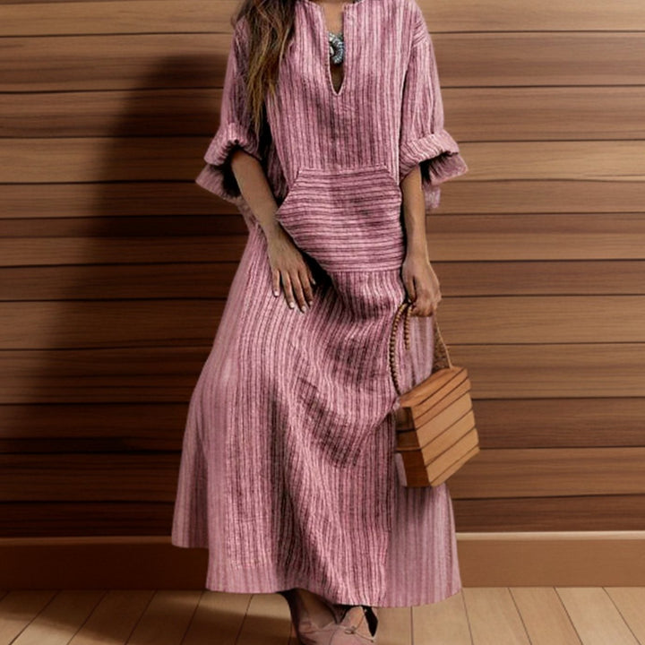 Dames Vintage Gestreepte Maxi-jurk met Lange Mouwen - Roze