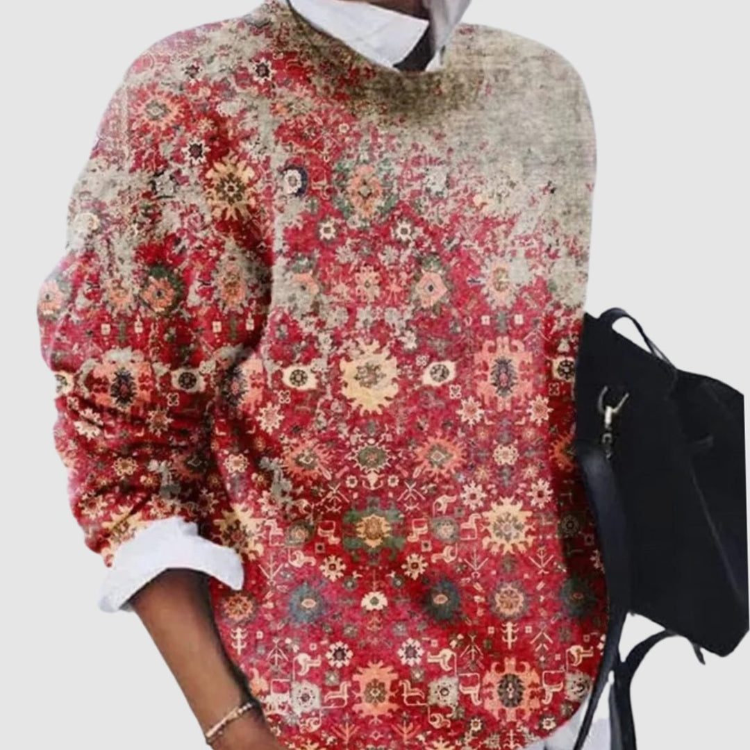 Dames Vintage Grafisch Gebreide Relaxte Trui met Ronde Hals - Rood