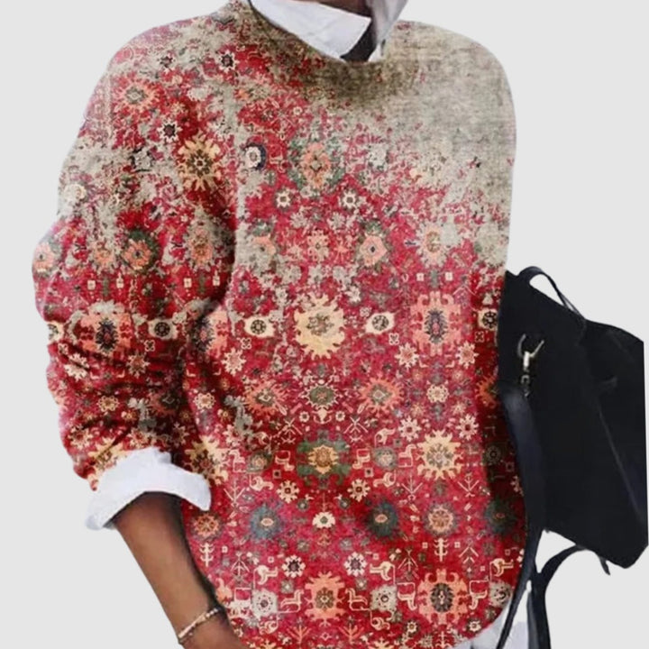 Dames Vintage Grafisch Gebreide Relaxte Trui met Ronde Hals - Rood