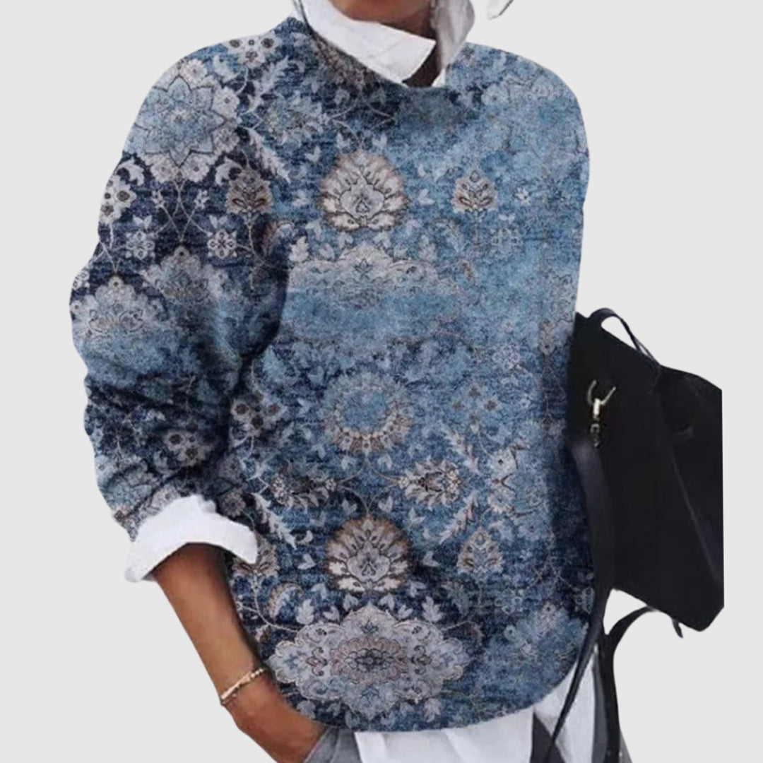 Dames Vintage Grafisch Gebreide Relaxte Trui met Ronde Hals - Blauw