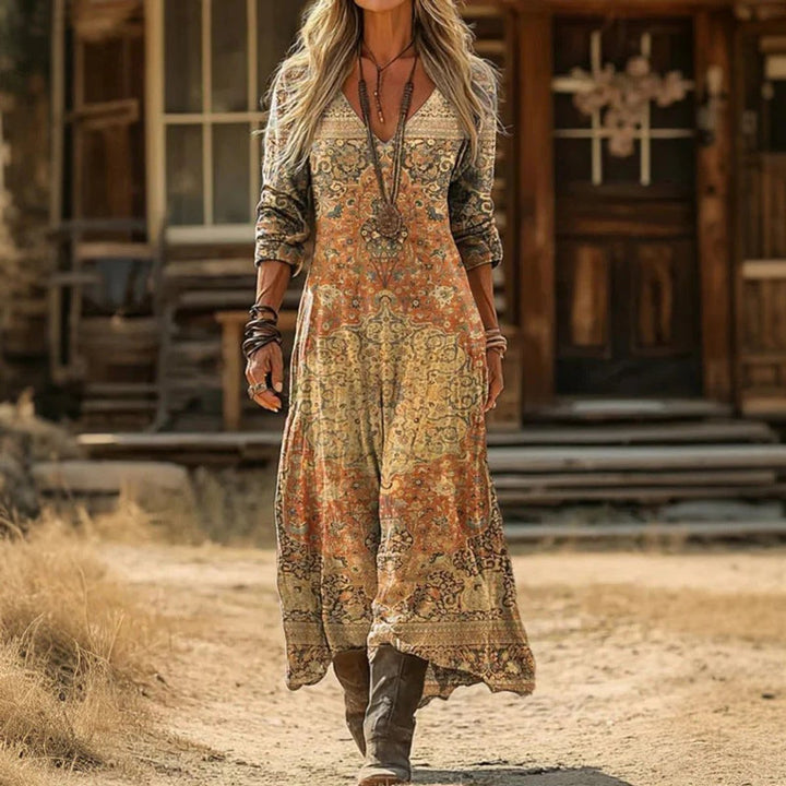 Dames Vintage Maxi Long Sleeve Dress V-hals Luchtige Jurk - Geel