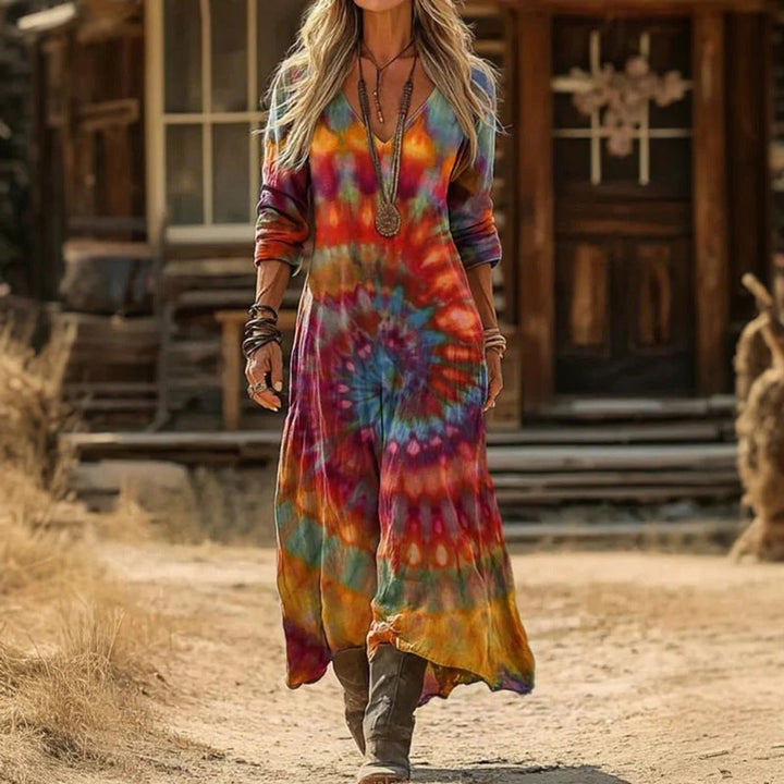 Dames Vintage Maxi Long Sleeve Dress V-hals Luchtige Jurk - Veelkleurig