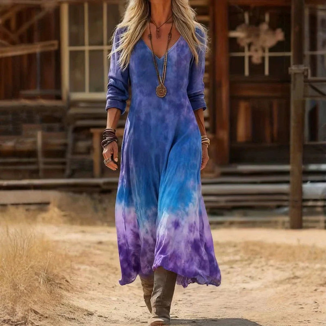 Dames Vintage Maxi Long Sleeve Dress V-hals Luchtige Jurk - Blauw