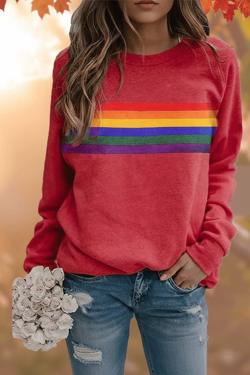 Dames Vintage Regenboog Gestreepte Relaxed-Fit Sweatshirt - Red