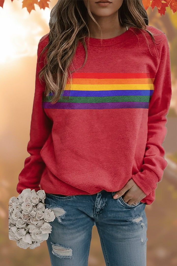 Dames Vintage Regenboog Gestreepte Relaxed-Fit Sweatshirt - Red