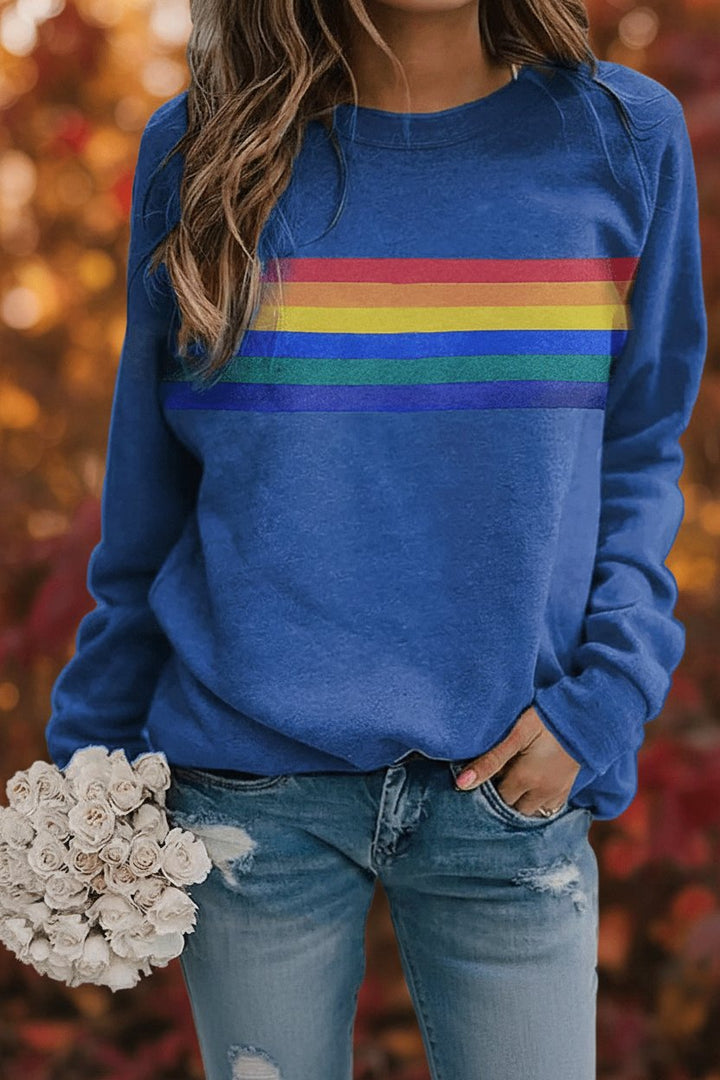 Dames Vintage Regenboog Gestreepte Relaxed-Fit Sweatshirt - Blue