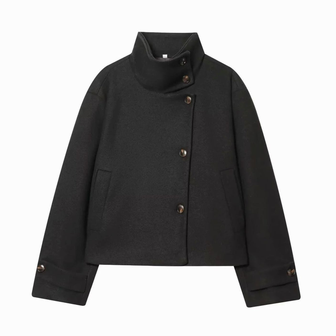 Dames Vintage Staande Kraag Wollen KortJas - Zwart