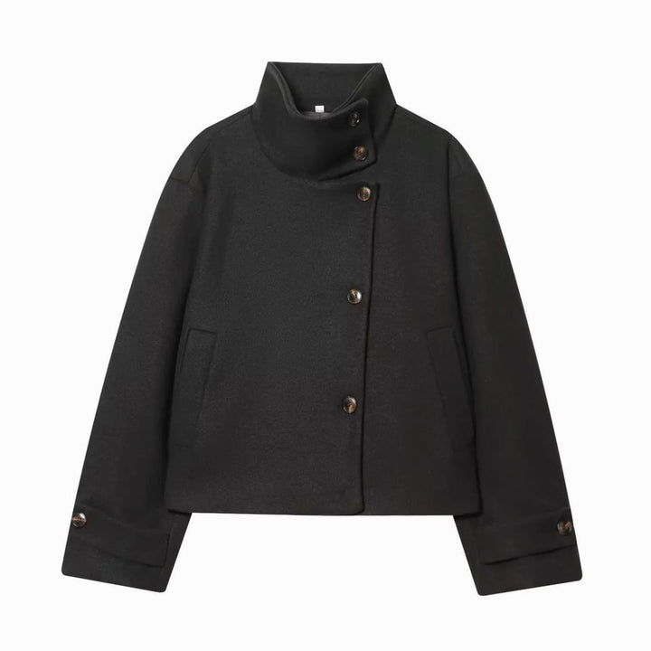 Dames Vintage Staande Kraag Wollen KortJas - Zwart