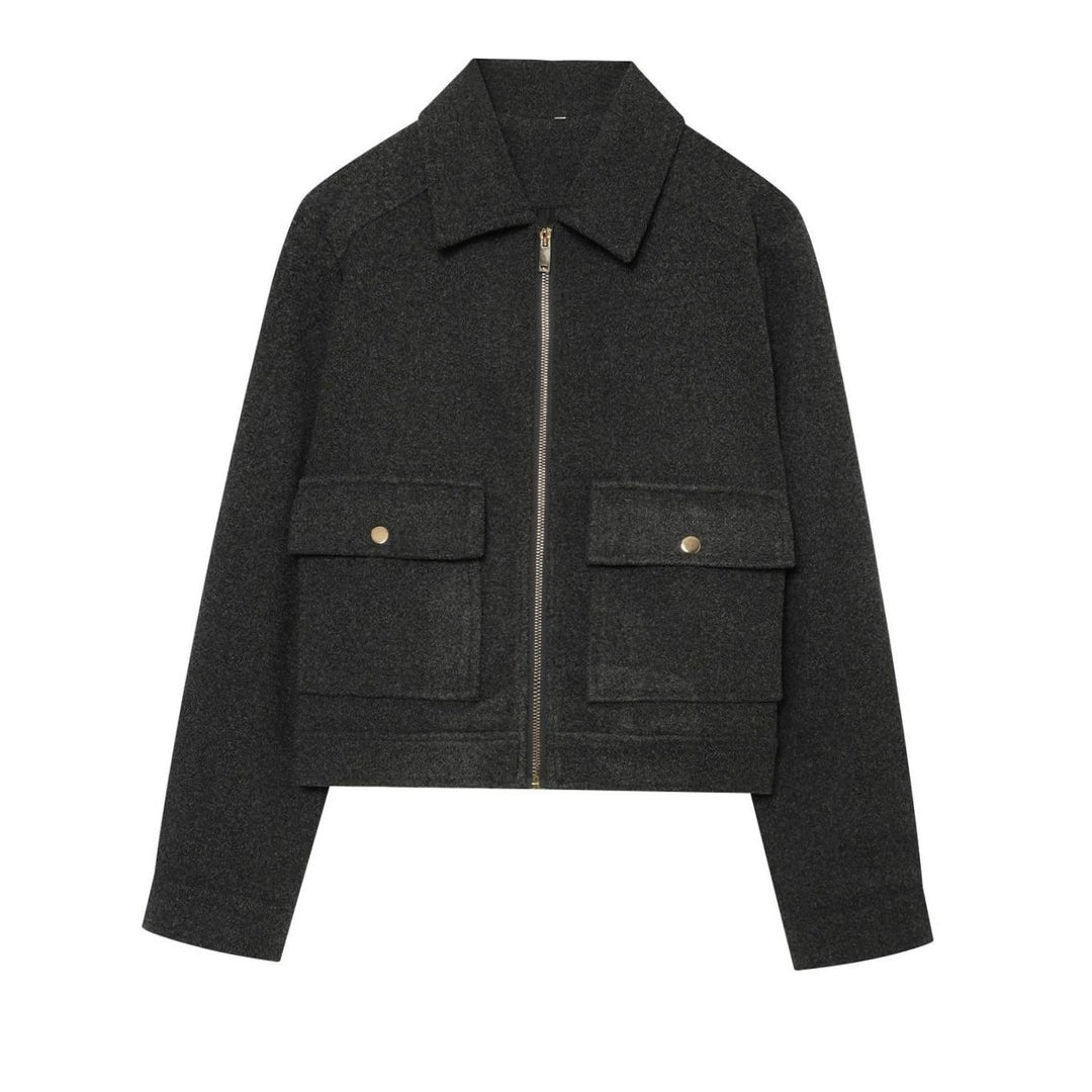 Dames Vintage Staande Kraag Wollen KortJas - Grijs-Zwart