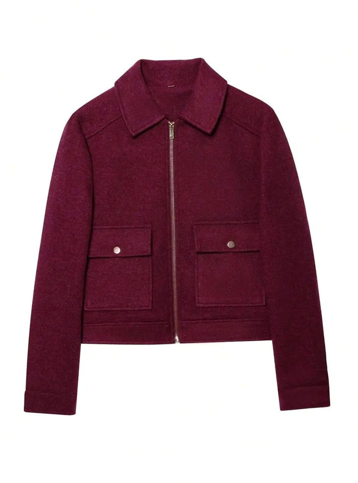 Dames Vintage Staande Kraag Wollen KortJas - Bordeaux