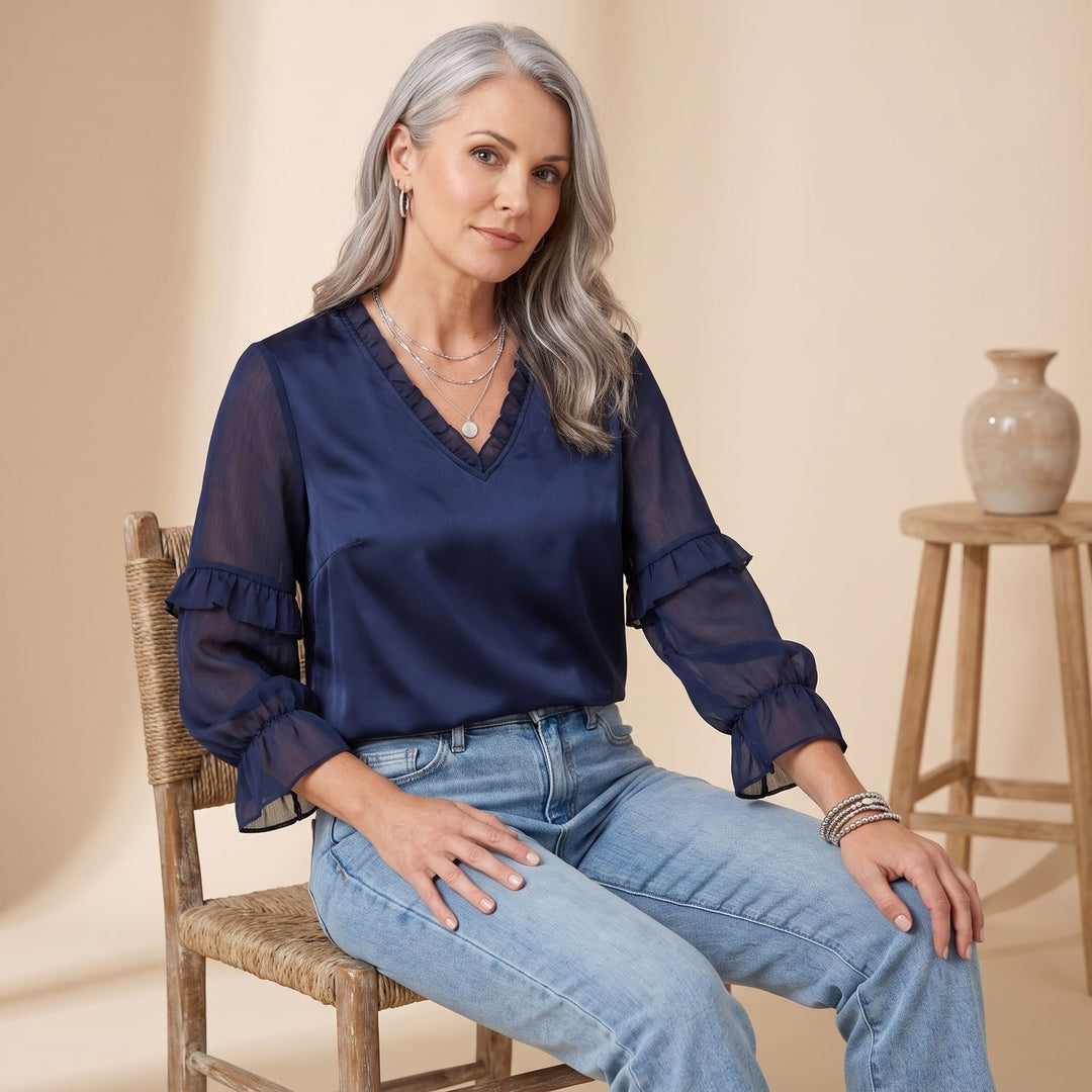 Dames Vintage Transparante Rucheskraag Satijnen Blouse